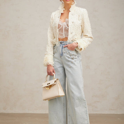 Lucille Off White Frilled Edges Faux-Pearl Bead Embellished Cropped Jacket