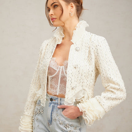 Lucille Off White Cropped Jacket with Faux-Pearl and Bead Embellishments