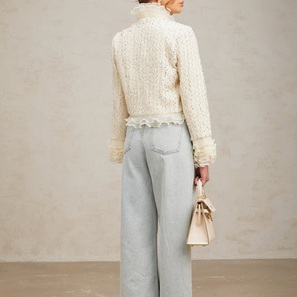 Lucille Off White Frilled Edge Faux-Pearl Bead Embellished Cropped Jacket