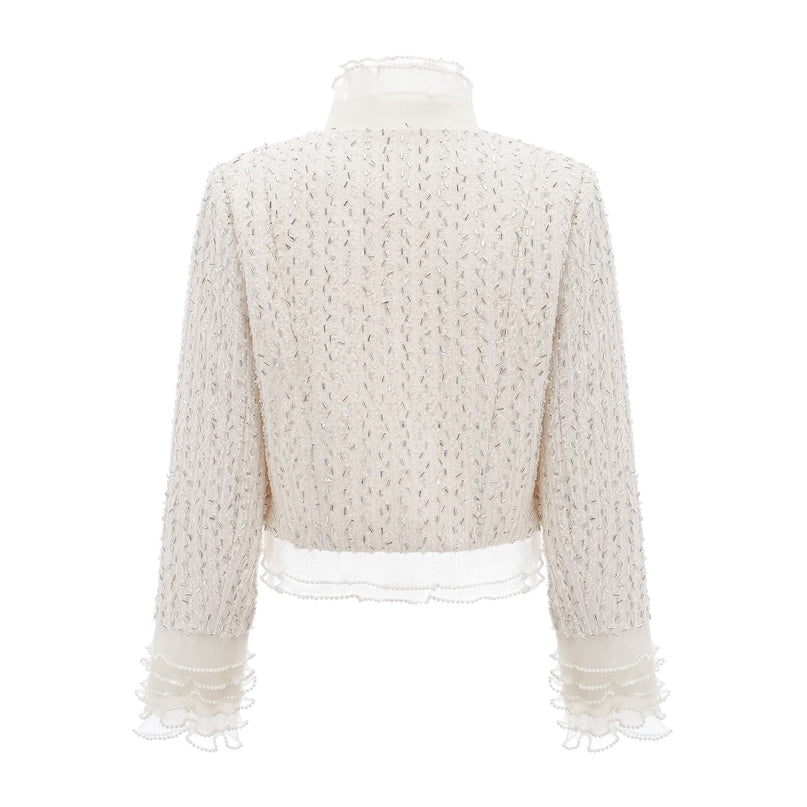 Lucille Off White Frilled Edge Faux-Pearl Bead Embellished Cropped Jacket