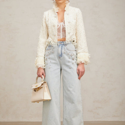 Lucille Off White Frilled Edge Faux-Pearl Beaded Cropped Jacket