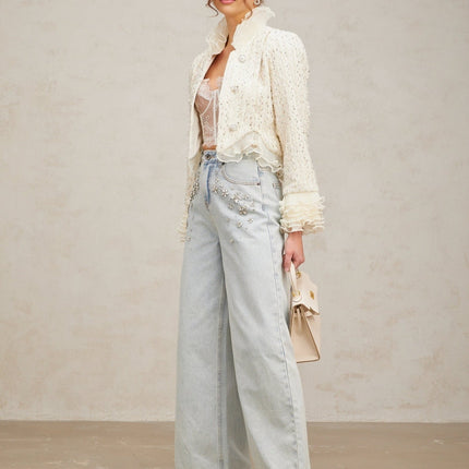 Lucille Off White Frilled Edge Faux-Pearl Beaded Cropped Jacket