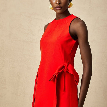 Lucille Red Mini Dress Crew Neck Bowknot Straight Hem Thigh Length Rear Zip Fastening Terylene Fiber Opulence Grace Soirée Special Occasion Sophistication Refined Taste Wardrobe