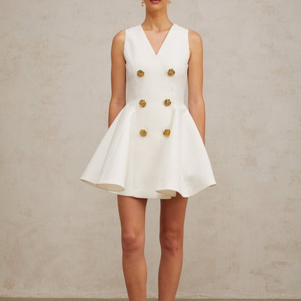 Lucille White A-Line Mini Dress with Gold-Tone Buttons