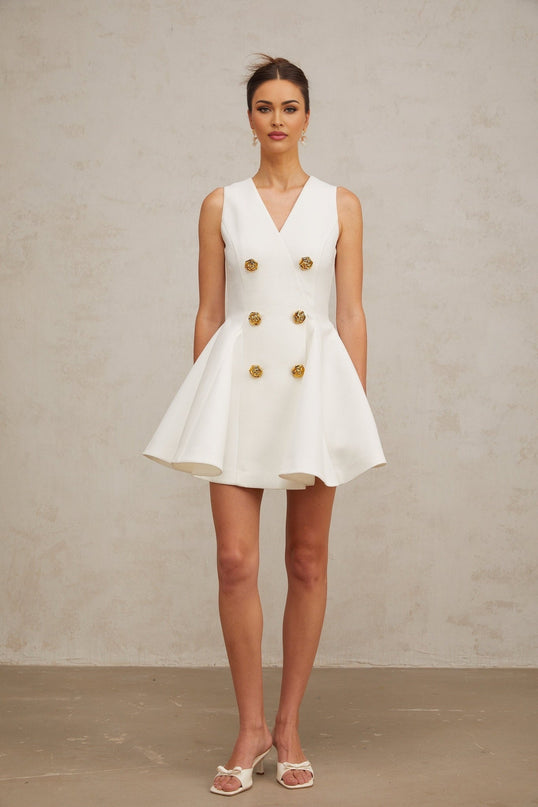 Lucille White A-Line Mini Dress with Gold-Tone Buttons