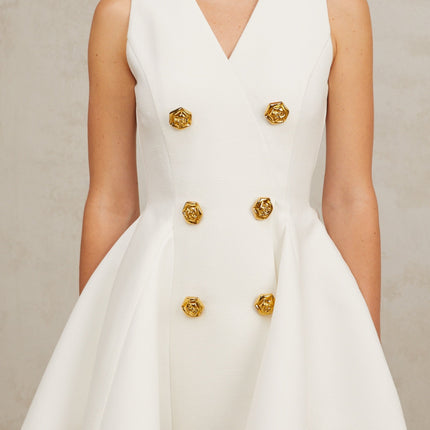 Lucille White Mini Dress with Gold Buttons A-line Silhouette Polyester Spandex