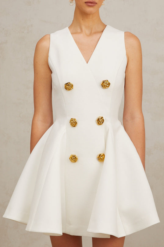 Lucille White Mini Dress with Gold Buttons A-line Silhouette Polyester Spandex