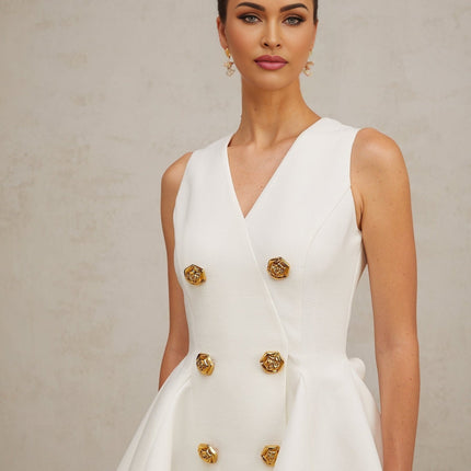 Lucille White Mini Dress with Gold Buttons V-Neck A-Line Godet Design Polyester Spandex Elegant Sophisticated Fashion