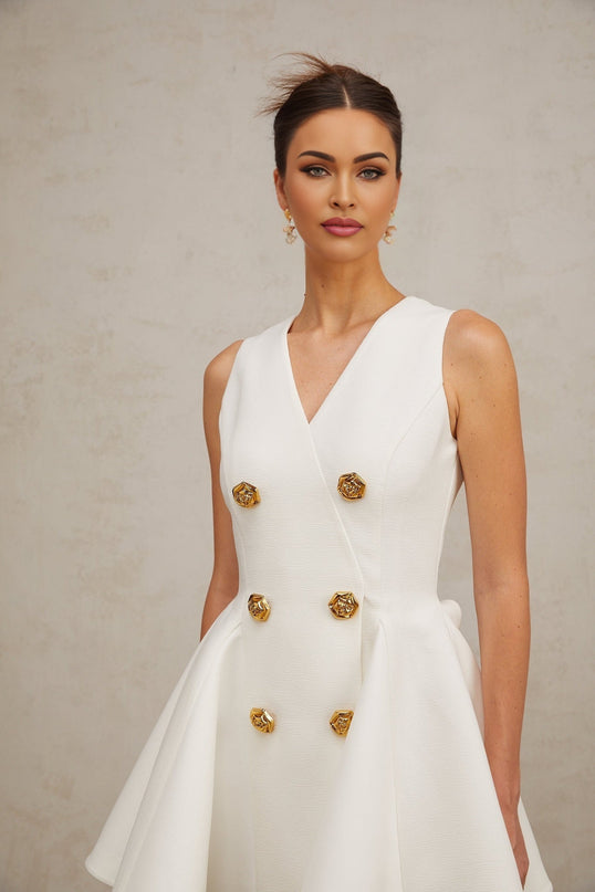 Lucille White Mini Dress with Gold Buttons V-Neck A-Line Godet Design Polyester Spandex Elegant Sophisticated Fashion