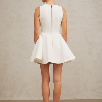 Lucille White Mini Dress with Gold Buttons V-neck Sleeveless Godet Design A-line Rear Zip Fastening 90% Polyester 10% Spandex