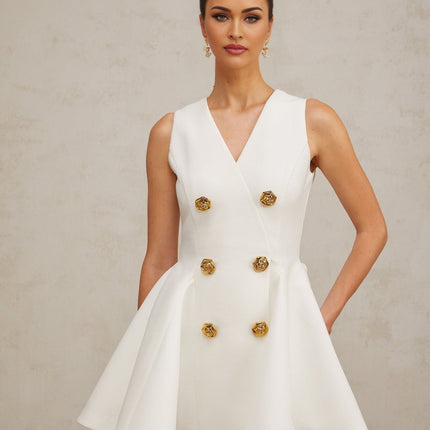 Lucille White Mini Dress V-neck Sleeveless Godet Double-breasted Gold-tone Buttons A-line Rear Zip Fastening Thigh-length Polyester Spandex