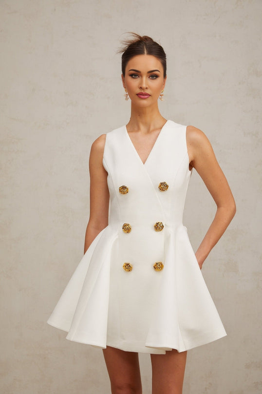 Lucille White Mini Dress V-neck Sleeveless Godet Double-breasted Gold-tone Buttons A-line Rear Zip Fastening Thigh-length Polyester Spandex