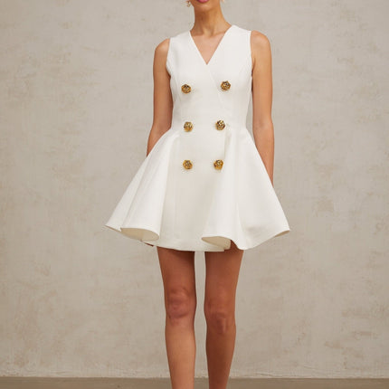 Lucille White Mini Dress V-neck Sleeveless Godet Double-Breasted Gold Buttons A-Line Zip Fastening Polyester Spandex Sophisticated
