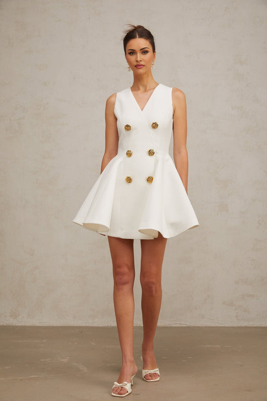 Lucille White Mini Dress V-neck Sleeveless Godet Double-Breasted Gold Buttons A-Line Zip Fastening Polyester Spandex Sophisticated