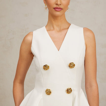 Lucille White V-Neck Sleeveless Godet Mini Dress with Gold-Tone Buttons A-Line Rear Zip Fastening Polyester Spandex