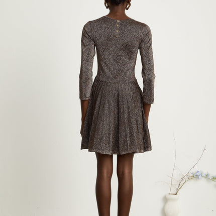 Lucrezia Barley Brown Metallic Knit Mini Dress with Flare Hem and Long Sleeves