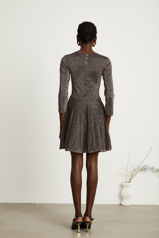 Lucrezia Barley Brown Metallic Knit Mini Dress with Flare Hem and Long Sleeves