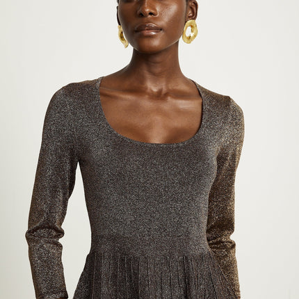 Lucrezia Barley Brown Metallic Knit Mini Dress with Long Sleeves and Flare Hem