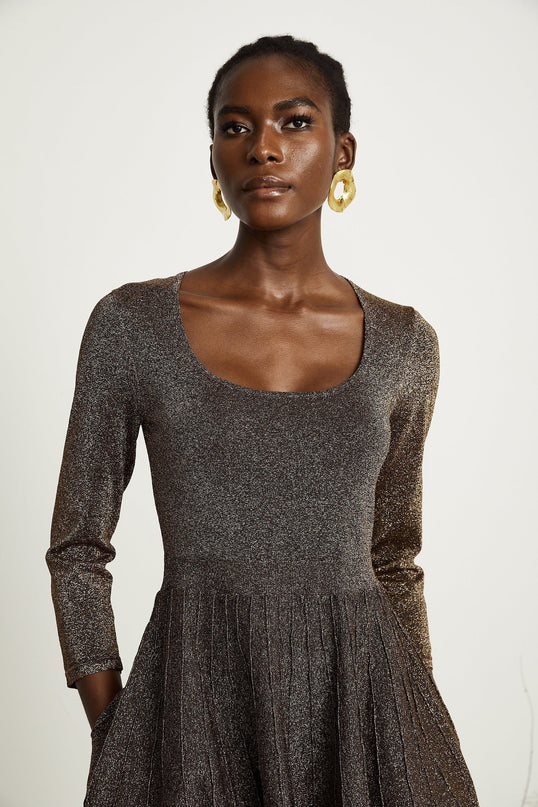 Lucrezia Barley Brown Metallic Knit Mini Dress with Long Sleeves and Flare Hem