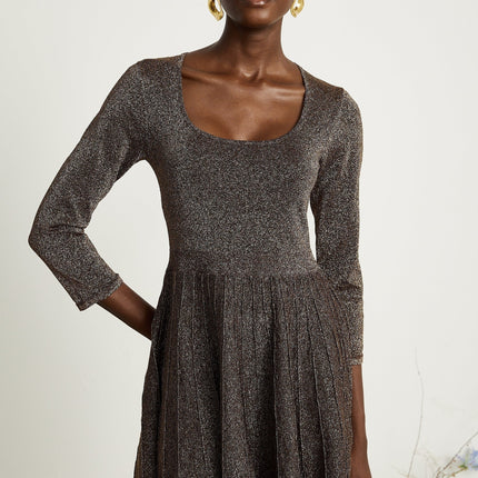 Lucrezia Barley Brown Metallic Ribbed Knit Mini Dress with Long Sleeves and Flare Hem