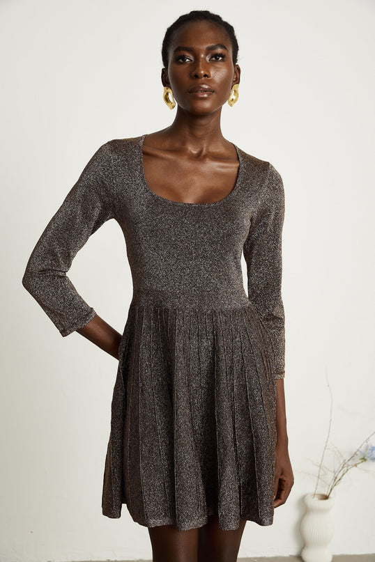Lucrezia Barley Brown Metallic Ribbed Knit Mini Dress with Long Sleeves and Flare Hem