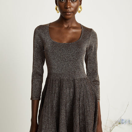 Lucrezia Barley Brown Metallic Ribbed Knit Mini Dress with Long Sleeves and Flare Hem