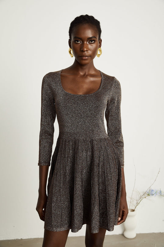 Lucrezia Barley Brown Metallic Ribbed Knit Mini Dress with Long Sleeves and Flare Hem