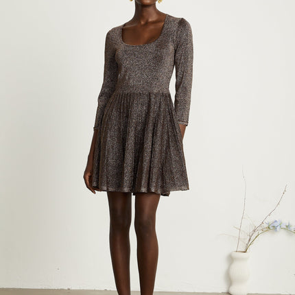 Lucrezia Barley Brown Ribbed Knit Metallic Threading Mini Dress