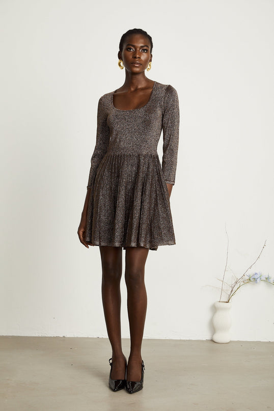 Lucrezia Barley Brown Ribbed Knit Metallic Threading Mini Dress