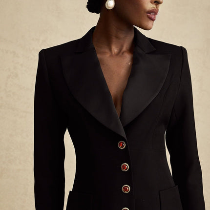 Lucrezia Black Blazer Single Breasted Dress with Wide Peak Lapels and Patch Pockets