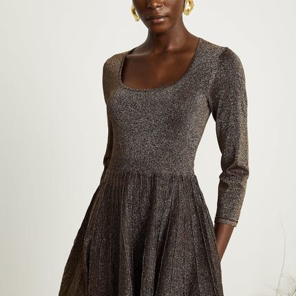 Lucrezia Mini Dress in Barley Brown ribbed knit with metallic threading scoop neck long sleeves fitted waistline flare hem rear press-stud fastening thigh-length 64% Polyester 36% Metallic Fiber