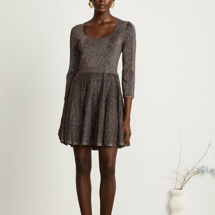 Lucrezia Mini Dress in Barley Brown ribbed knit with metallic threading scoop neck long sleeves fitted waistline flare hem press-stud fastening thigh-length 64% Polyester 36% Metallic Fiber