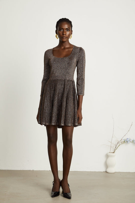 Lucrezia Mini Dress in Barley Brown ribbed knit with metallic threading scoop neck long sleeves fitted waistline flare hem press-stud fastening thigh-length 64% Polyester 36% Metallic Fiber