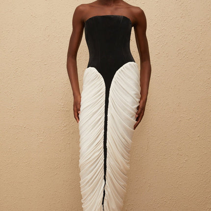 Lucy Black and White Velvet Maxi Dress with Corset Style Silhouette and Off-the-Shoulder Design