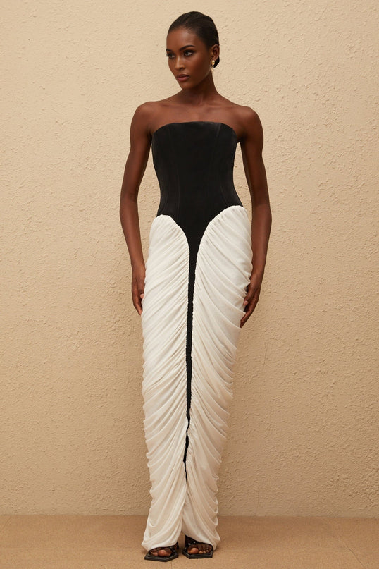 Lucy Black and White Velvet Maxi Dress with Corset Style Silhouette and Off-the-Shoulder Design