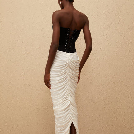 Lucy Black Velvet Corset Maxi Dress with Ruched Detailing and Rear Slit