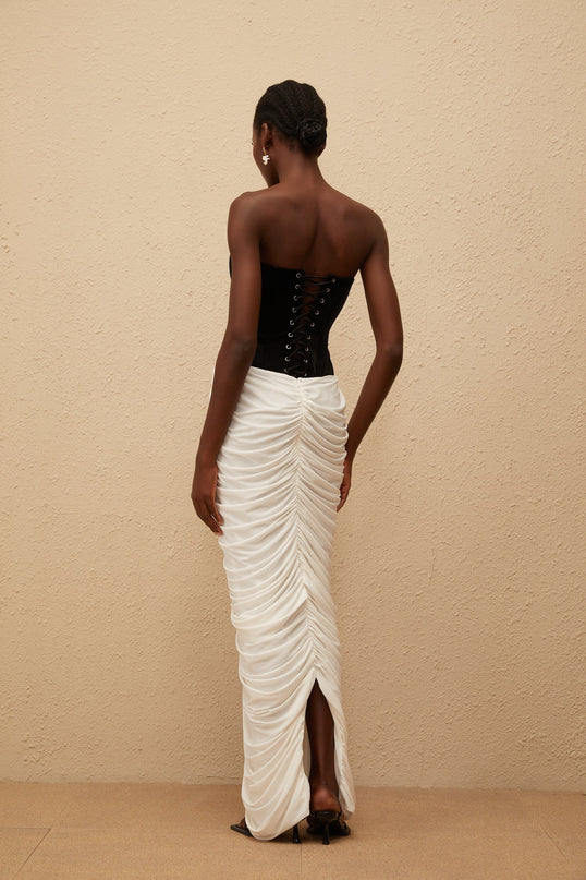 Lucy Black Velvet Corset Maxi Dress with Ruched Detailing and Rear Slit
