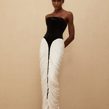 Lucy Black Velvet Corset Maxi Dress with Ruched Detailing