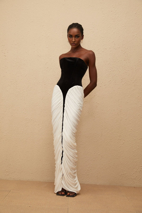 Lucy Black Velvet Corset Maxi Dress with Ruched Detailing