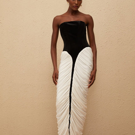 Lucy Black Velvet Corset Maxi Dress with Ruched Detailing and Rear Slit