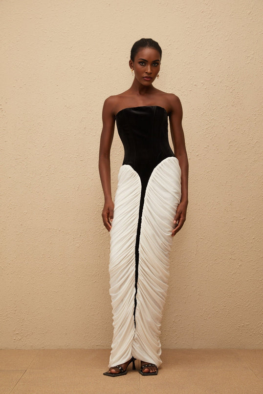 Lucy Black Velvet Corset Maxi Dress with Ruched Detailing and Rear Slit