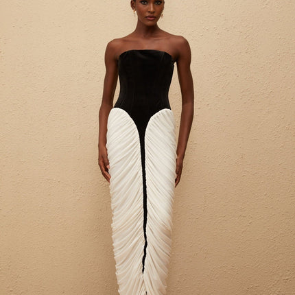 Lucy Black Velvet Corset Maxi Dress with Ruched Detailing
