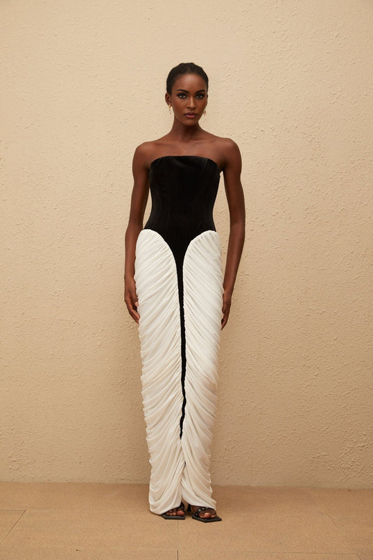 Lucy Black Velvet Corset Maxi Dress with Ruched Detailing