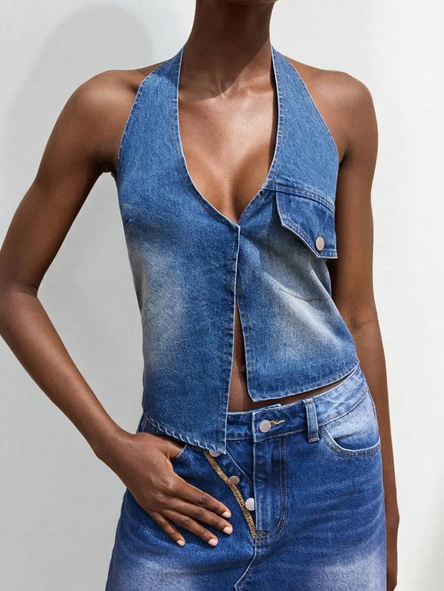Lucy Denim Top with Button - Front Style in Blue - Blue
