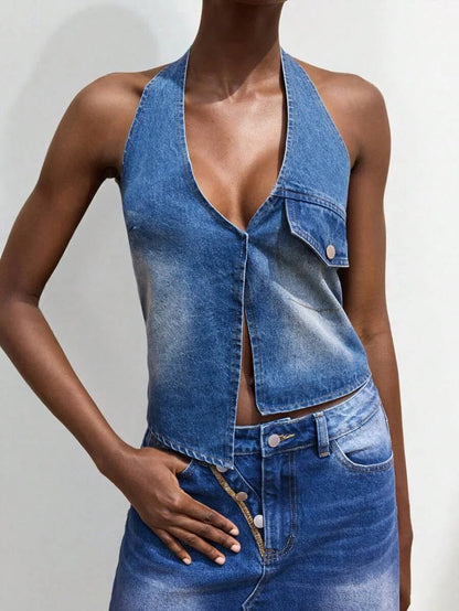 Lucy Denim Top with Button - Front Style in Blue - Blue