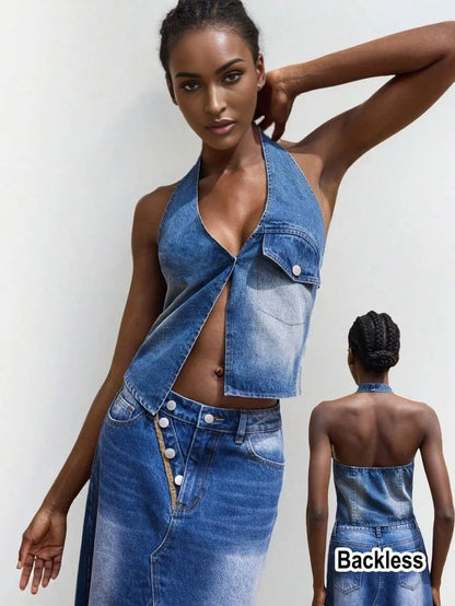 Lucy Denim Top with Button - Front Style in Blue - Blue