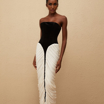 Lucy Black and White Velvet Corset Maxi Dress with Ruched Detailing