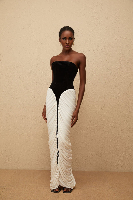 Lucy Black and White Velvet Corset Maxi Dress with Ruched Detailing