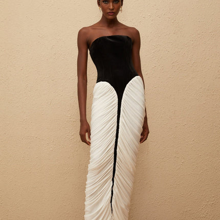 Lucy Black and White Velvet Corset Maxi Dress with Ruched Detailing