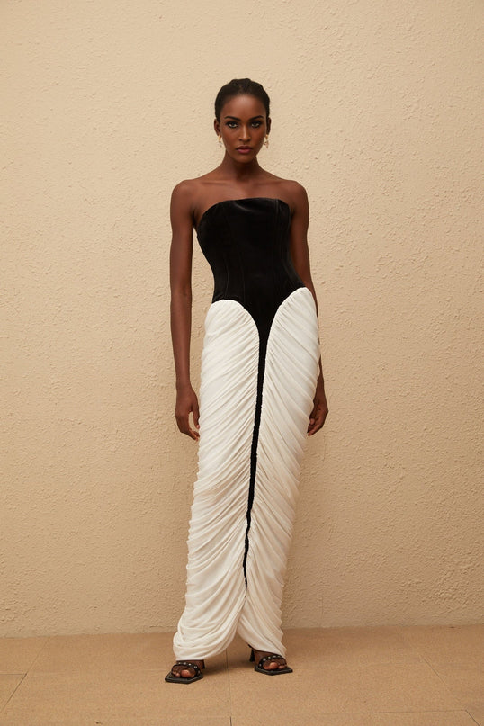 Lucy Black and White Velvet Corset Maxi Dress with Ruched Detailing